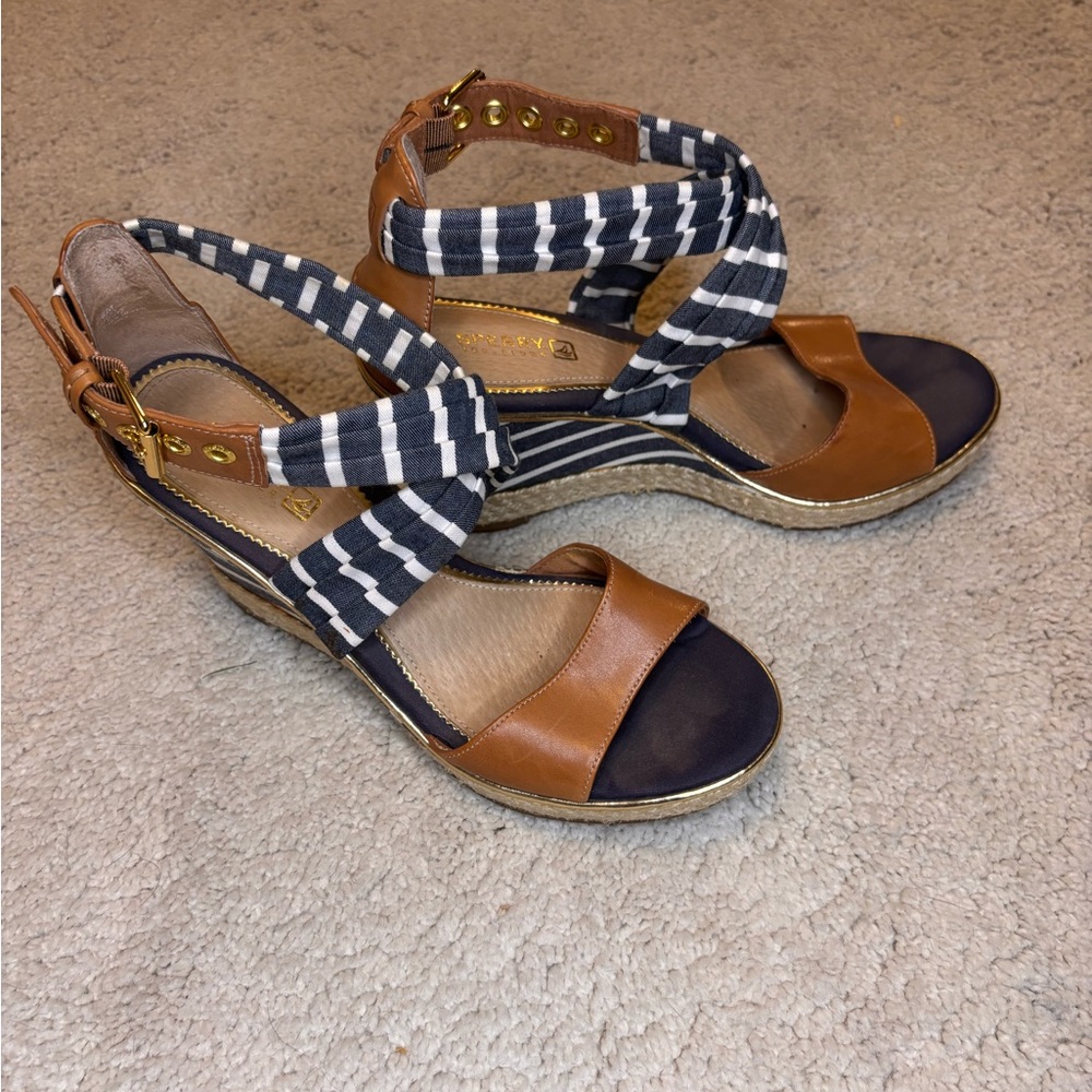 Sperry Brown and Navy Striped Wedge Sandals